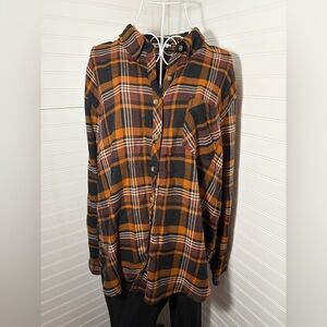 Maurices Women's  Boyfriend Brown/Black/ Cream Plaid Button-Down Shirt